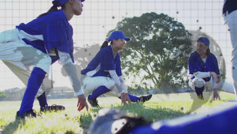female baseball team stretching on outdoor field, featuring floating stat charts and fitness icons
