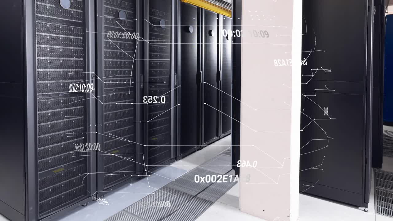 Animation of network of connections and data processing against computer server room