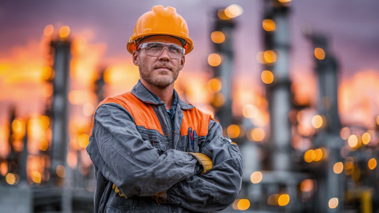 Un operaio sicuro di sé in un ambiente industriale al tramonto, che indossa dispositivi di sicurezza e sta in piedi davanti a una raffineria con luci brillanti che illuminano lo sfondo atmosferico.