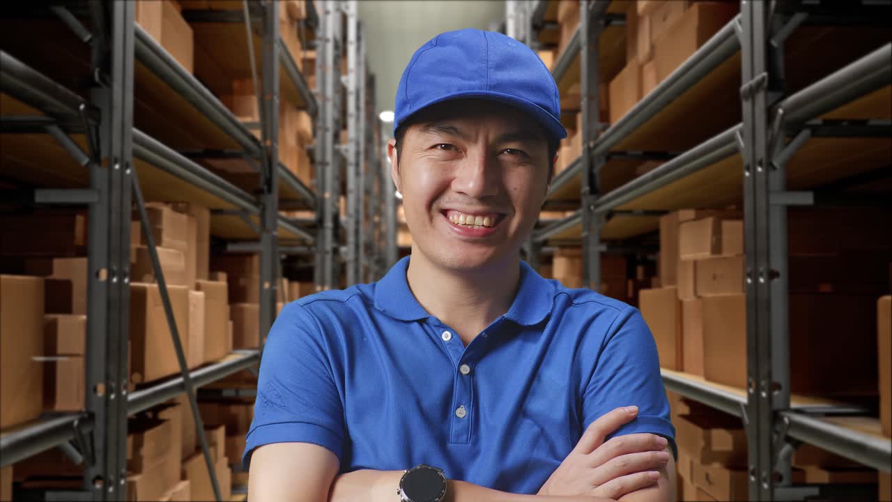 primer plano de un mensajero asiático en uniforme azul sonriendo cruzando los brazos en el almacén