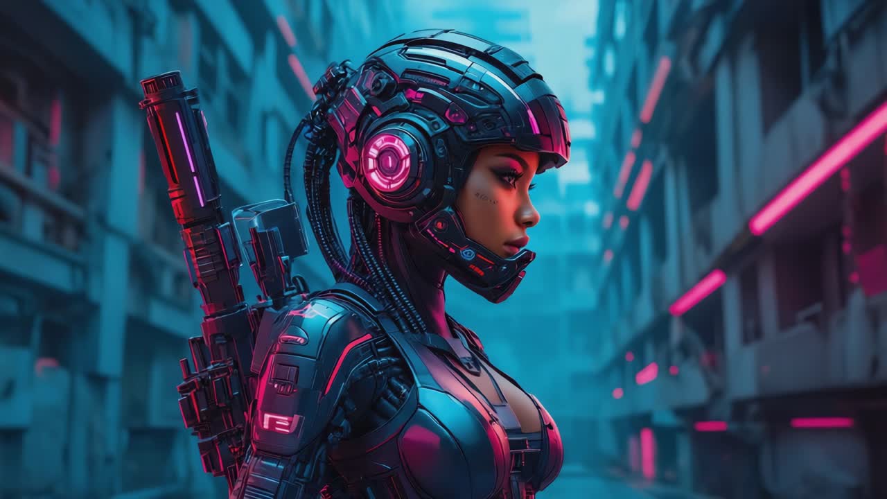 Guerriera cyberpunk in città futuristica