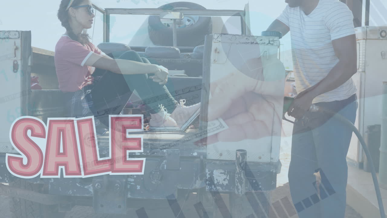 판매 텍스트의 애니메이션, hud 인터페이스, 달러 지폐와 함께 자른 손, 주유소에서 다양한 커플