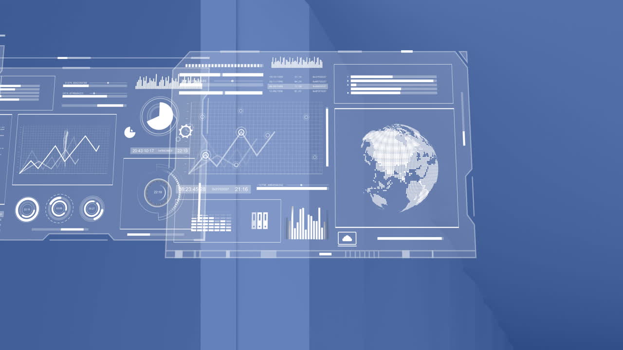 Animation of interface screens with charts processing data moving on blue background