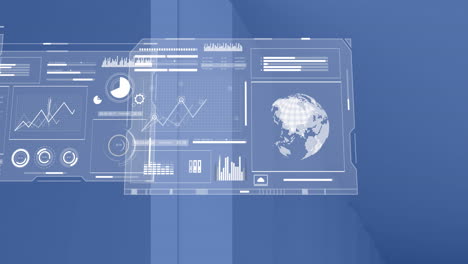 Animation-Von-Schnittstellenbildschirmen-Mit-Diagrammen,-Die-Daten-Verarbeiten-Und-Sich-Auf-Blauem-Hintergrund-Bewegen