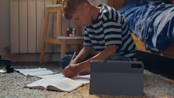 Child doing homework on the floor in a bedroom