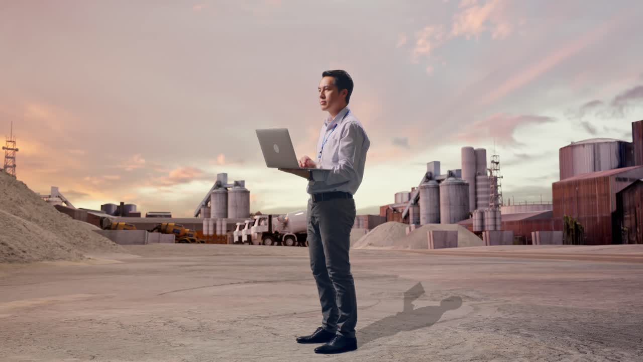 Vista lateral de cuerpo completo de un trabajador profesional asiático en una planta industrial de cemento al atardecer, observa mirando hacia arriba antes de concentrarse en el portátil y seguir tecleando.