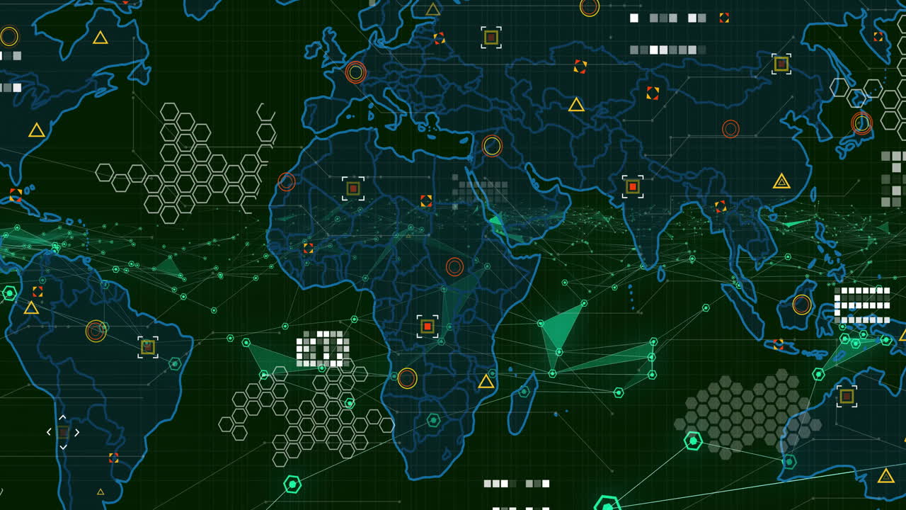 Animation of digital world map with network connections and data processing elements
