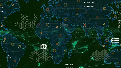 animation of digital world map with network connections and data processing elements