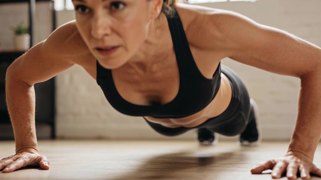 Starting from plank, woman performing push-ups on hardwood floor in sportswear to build strength