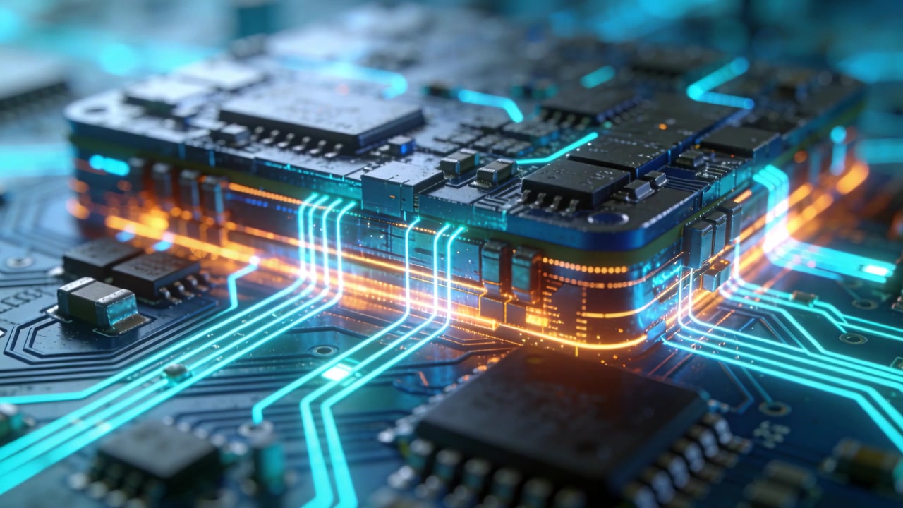 Camera panning stacked module, pulsing neon-blue traces on PCB, orange band glowing, showing data