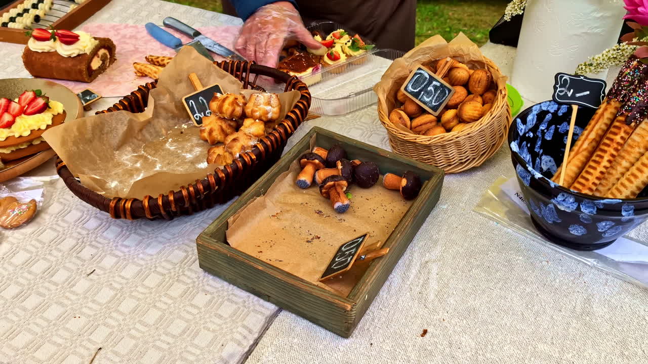 Assorted Homemade Pastries and Waffles at Outdoor Market Food Stand
