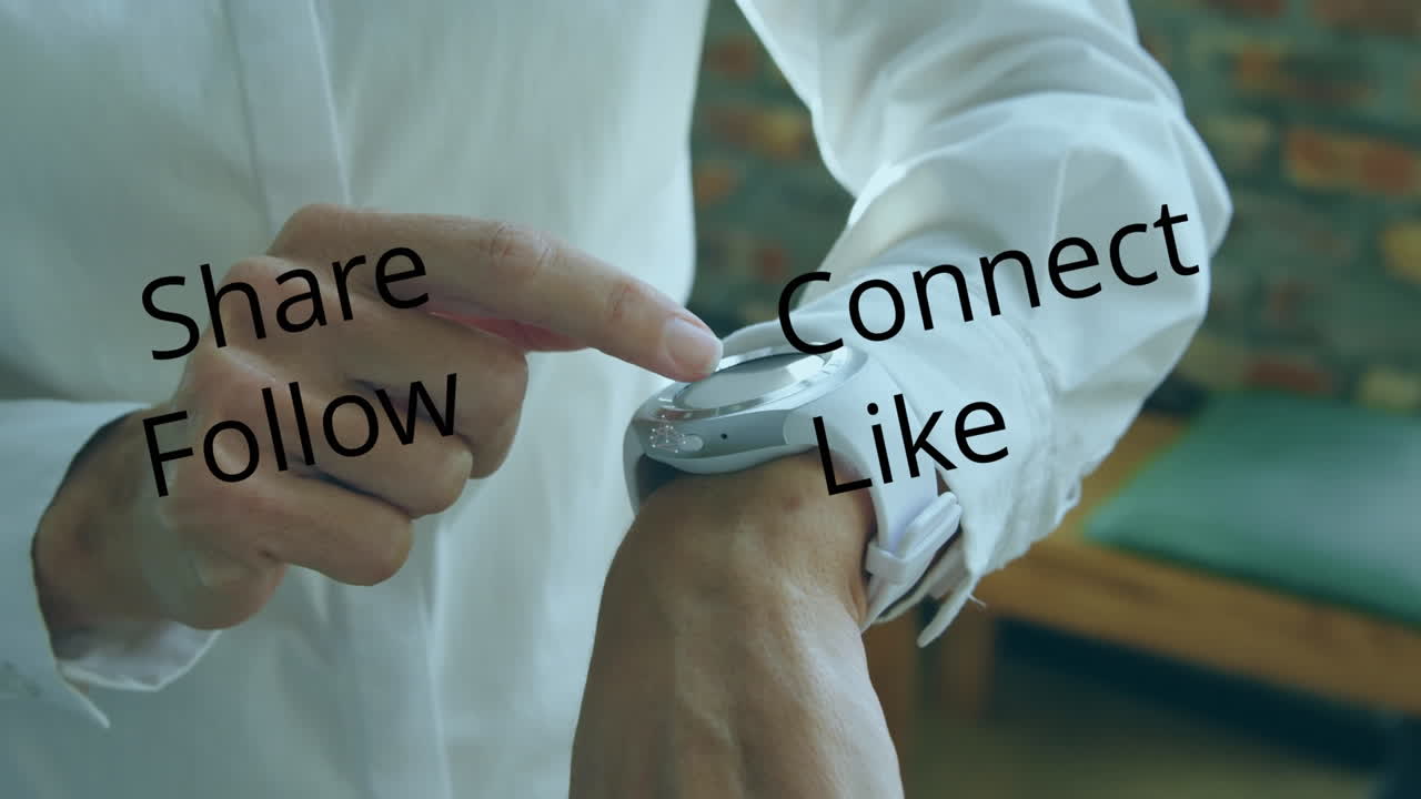 스마트워치를 사용하는 백인 사업가 여성에 대한 공유, 추적, 연결, 라인 애니메이션