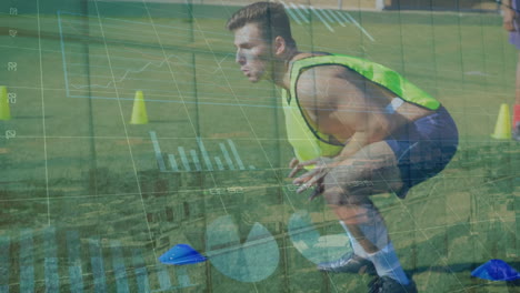 animation of financial data and graphs over caucasian male soccer player during training