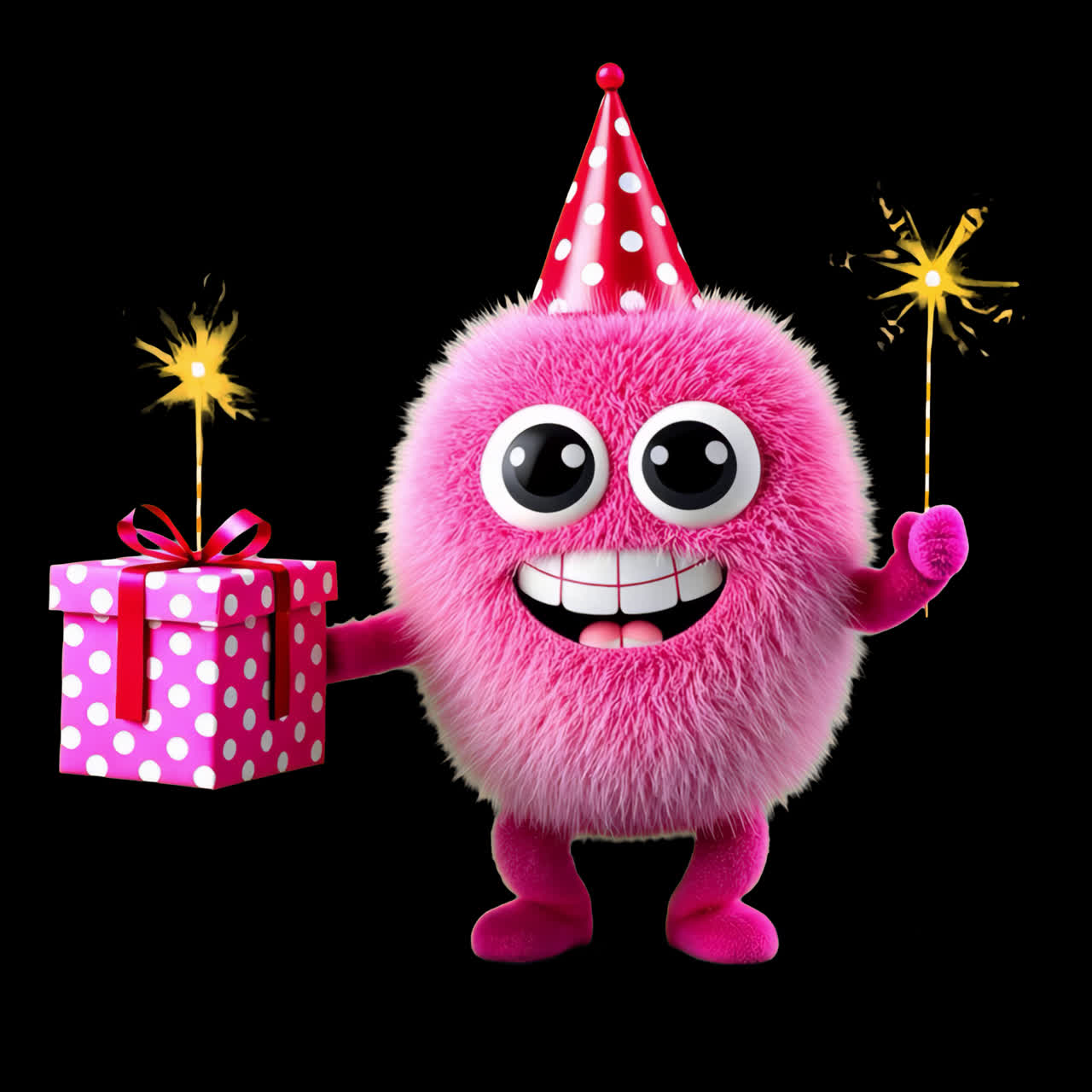 Fuzzy pink party creature celebrates animation isolated asset, transparent 4K video, alpha channel