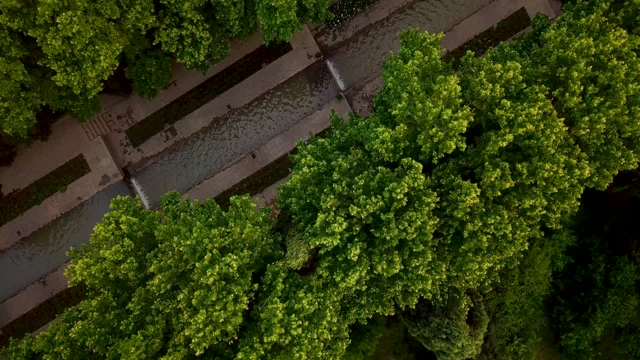 visita aérea a la cascada de la corriente de agua del jardín persa rodeada de altos árboles verdes en el patio en mahan kerman irán