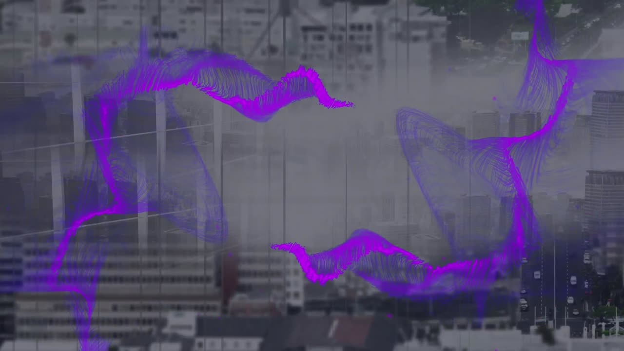 Animación de onda púrpura sobre la ciudad