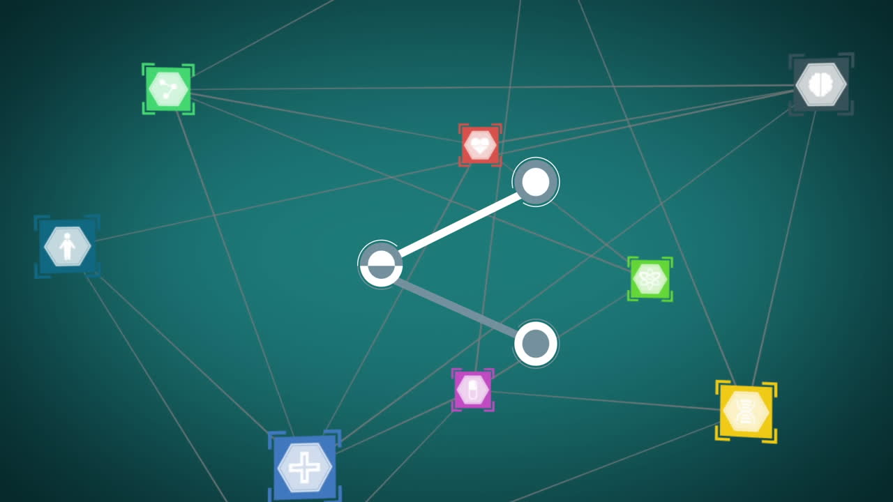 Digital animation of globe of network of digital icons spinning against green background