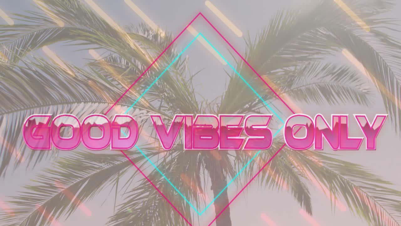 ⁇ 빛이 비치는  ⁇ 나무 위에 다이아몬드와 움직이는 선과 함께 분홍색으로만 좋은 진동이라는 단어의 애니메이션