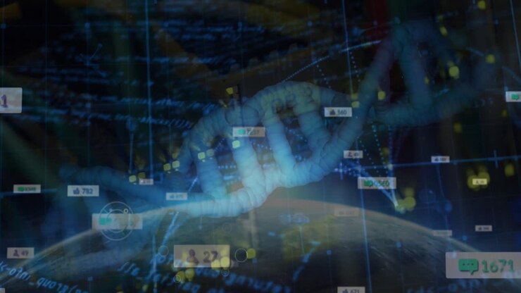 Animation of medical data processing over dark background