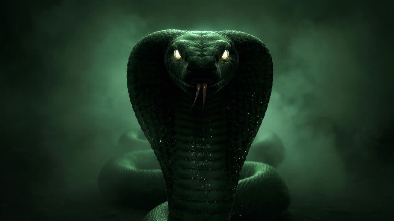 Cobra minaccioso con occhi luminosi e lingua sibilante nella nebbia oscura