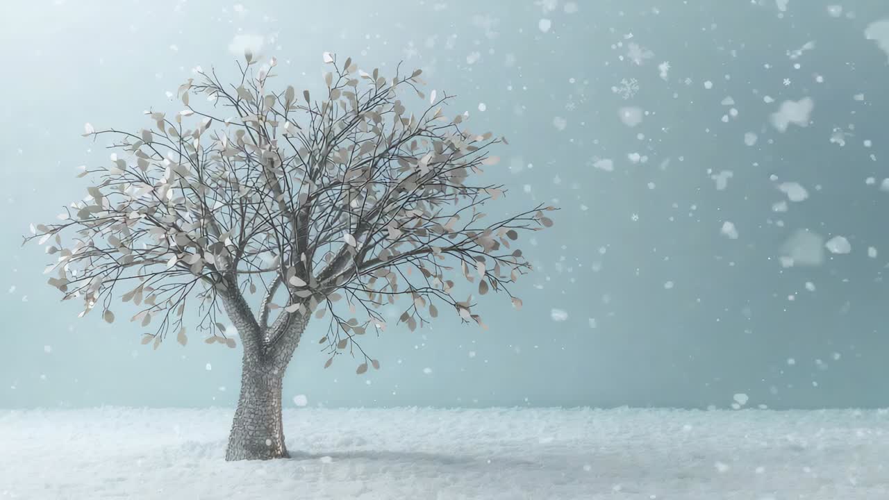 Falling snowflakes intensifying, ornamental tree collecting clumps on branches at staged set