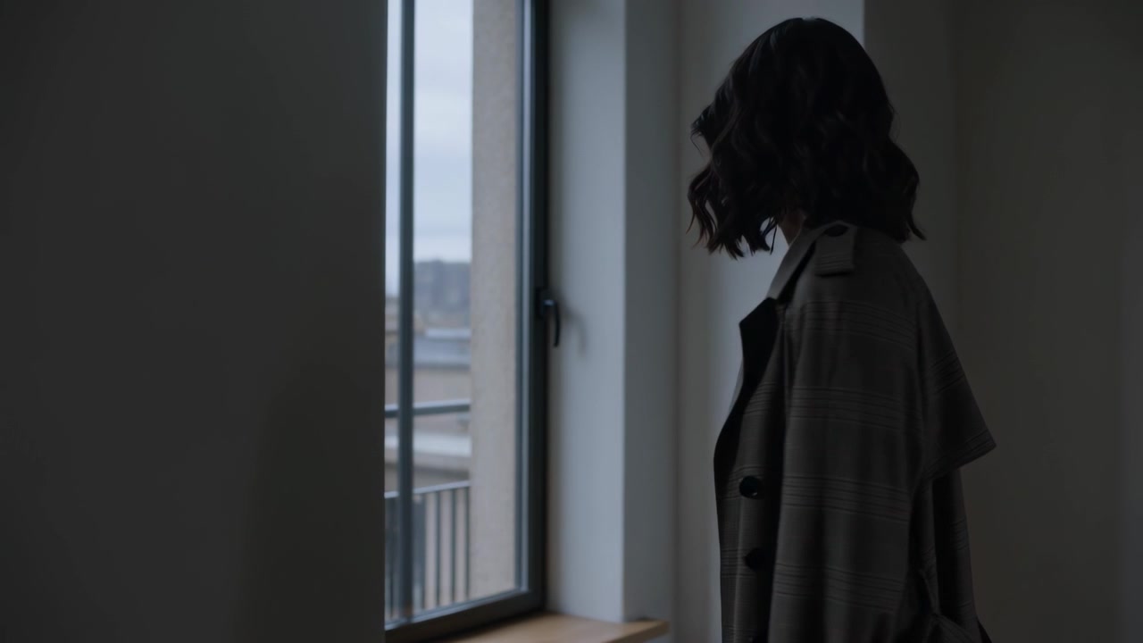 카메라에 담긴, 트렌치코트를 입고 아파트 창가로 돌아서서 발코니 난간을 응시하는 여성, 카피 공간