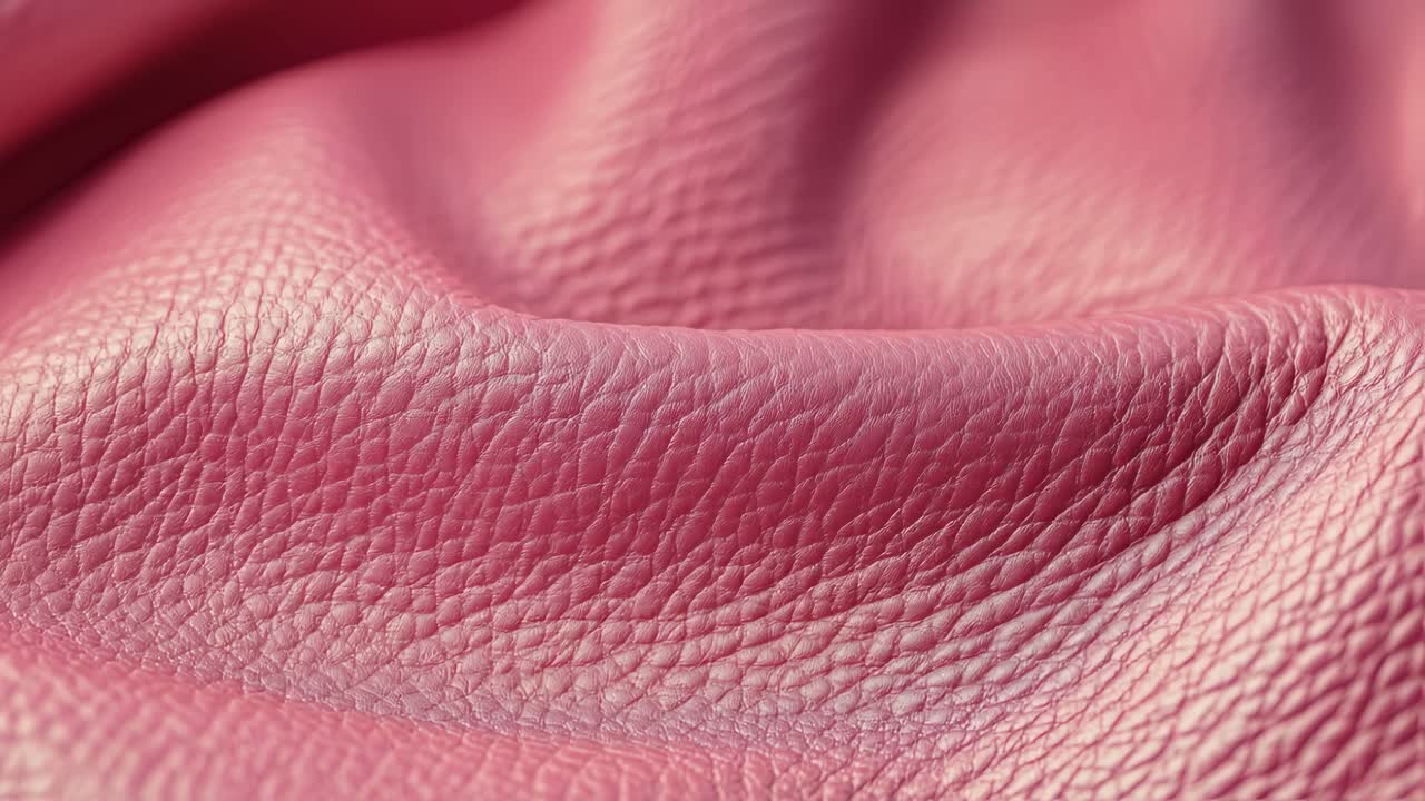 Soft pink leather flowing in gentle waves, illuminating delicate grain with luminous light, revealing luxurious surface texture and refined craftsmanship