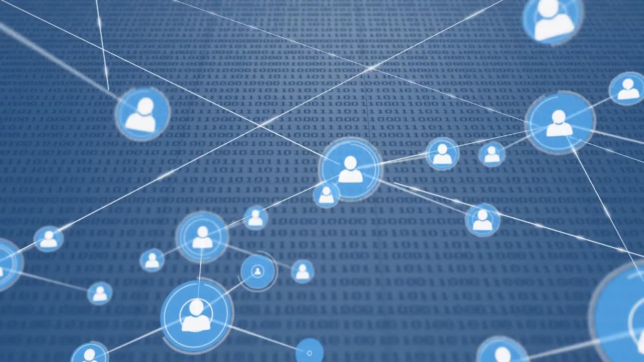 프로필 아이콘 네트워크의 애니메이션과 파란색 배경에 대한 바이너리 코딩 데이터 처리