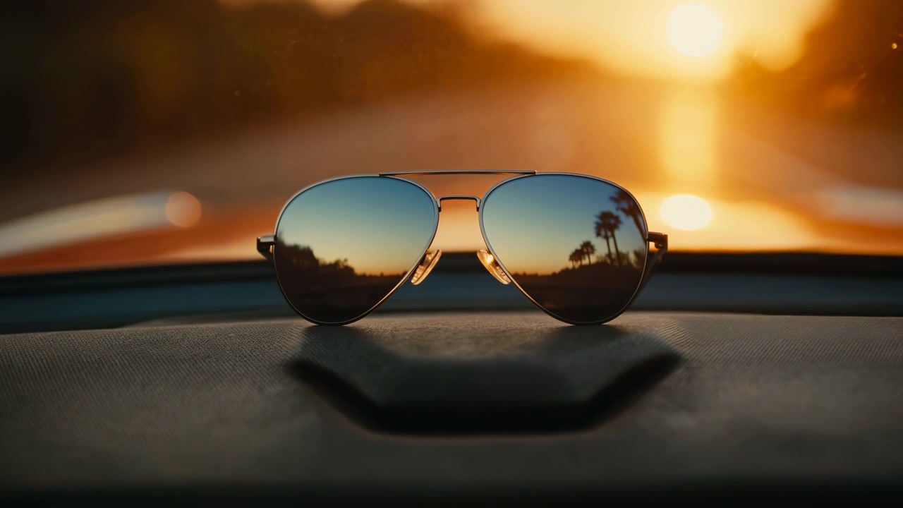 Nærbilde av pilotsolbriller som hviler på et teksturert bilinstrumentpanel, som reflekterer en gyllen kystsolnedgang med silhuetter av palmetrær. Varmt baklys fra solen.