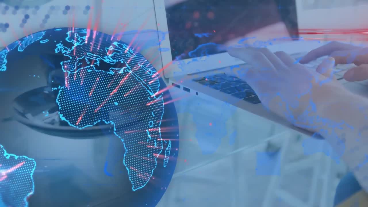 animación de rastros de luz sobre un globo giratorio contra la sección media de una mujer que usa una computadora portátil en una cafetería