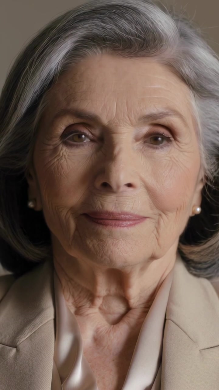 Vertical video: Recording senior woman maintaining gaze and smiling for portrait, in blazer pearls