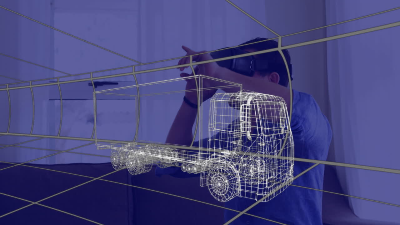 animación de dibujo técnico 3d de camión, sobre el hombre en casa con auriculares vr