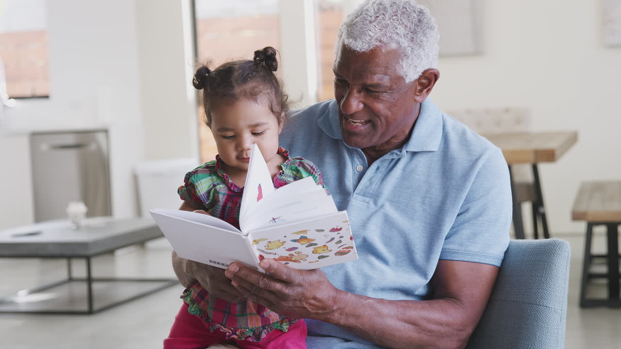 Nonno seduto sul divano a casa che legge un libro con la nipotina piccola