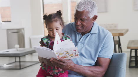 Abuelo-Sentado-En-El-Sofá-En-Casa-Leyendo-Un-Libro-Con-Su-Nieta-Bebé