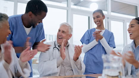 old man, meeting and doctors celebration