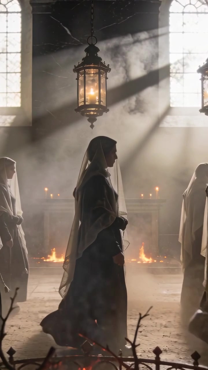 Video verticale: Donna velata che cammina, partendo da sinistra, conduce un rituale attraverso la cappella, passando accanto a lanterne.