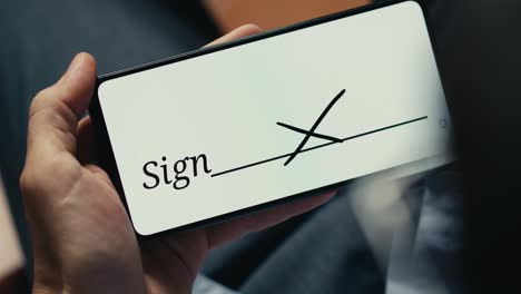 business man digital signature on smartphone