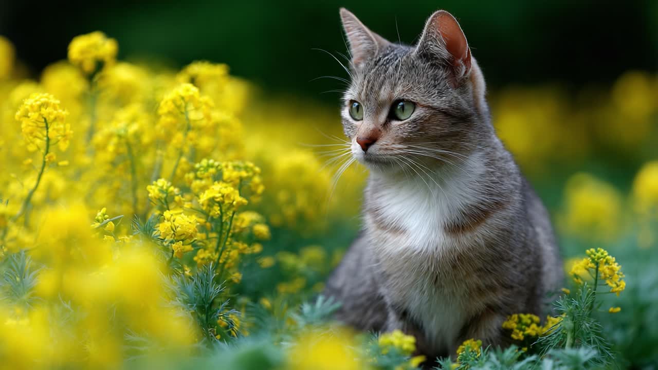A Captivating Cat Amidst a Vibrant Field of Yellow Flowers, Capturing the Beauty of Nature and Feline Elegance in Two Charming Frames