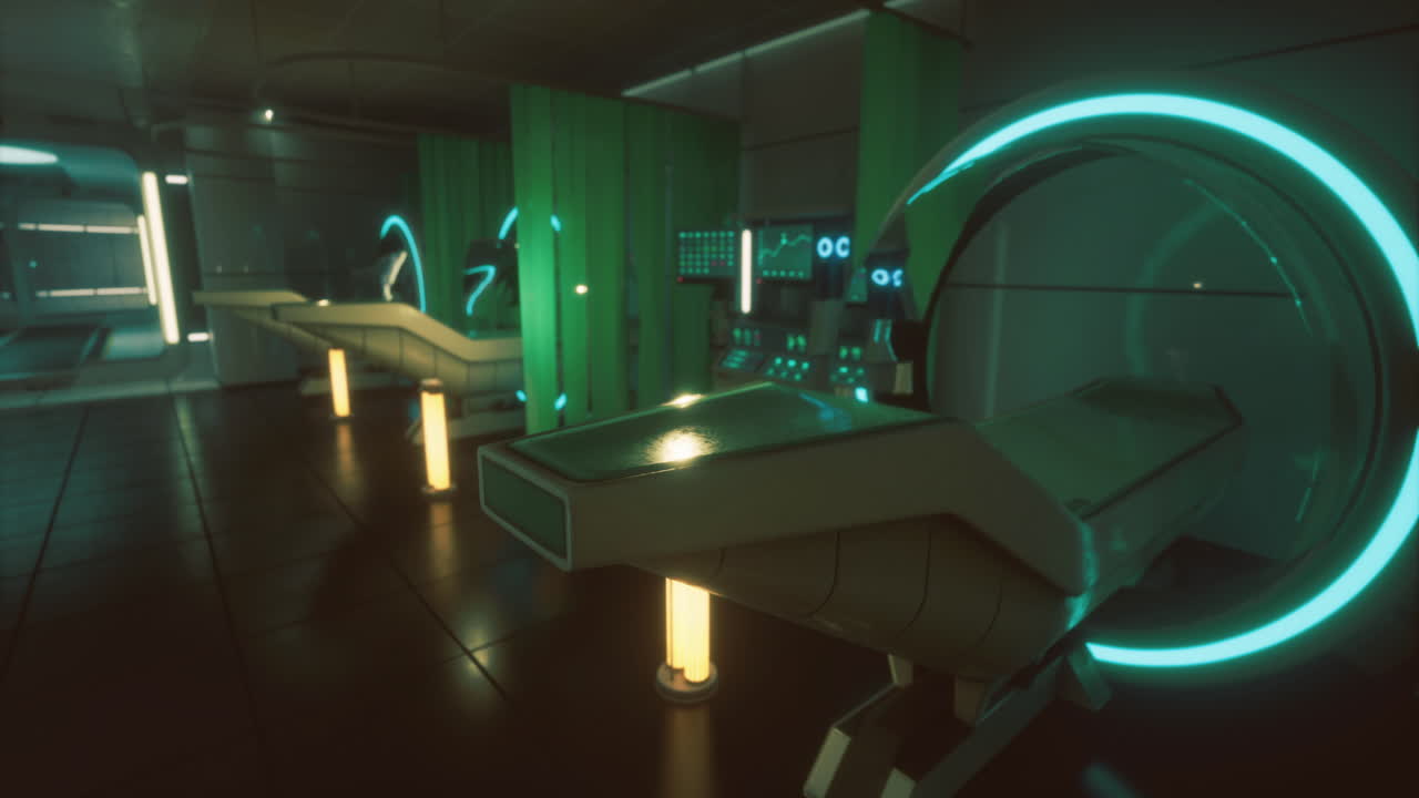 Futuristic medical facility with glowing technology in a sterile environment