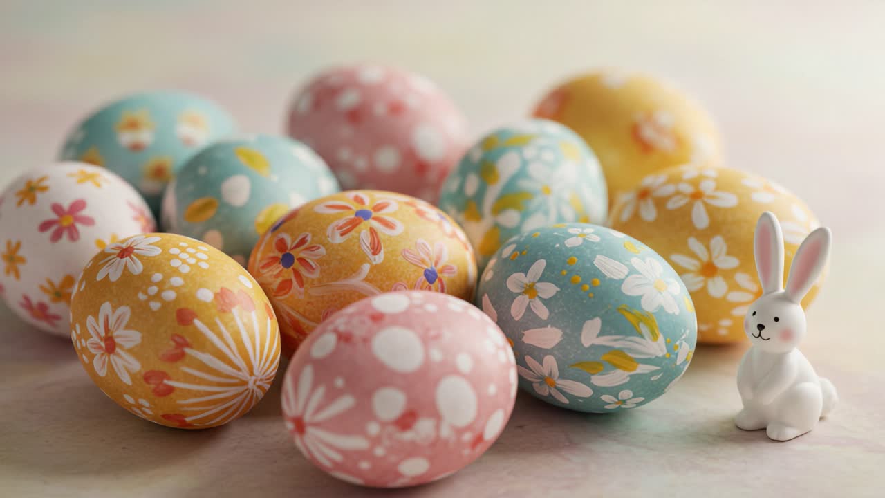 A Charming Display of Colorful Decorative Eggs with a Cute Bunny Figurine Perfect for Celebrating Spring and Easter Joys