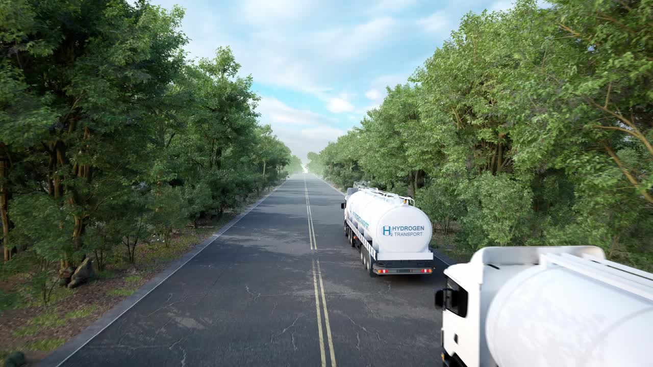 Hydrogen Logistics Concept. Truck With Gas Tank Trailer On The Road Lined