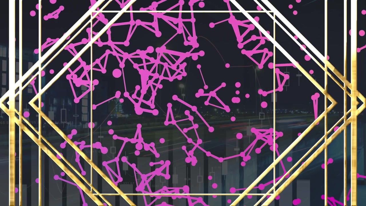 Animación de redes de plexo y procesamiento de datos estadísticos sobre el tráfico nocturno de la ciudad.