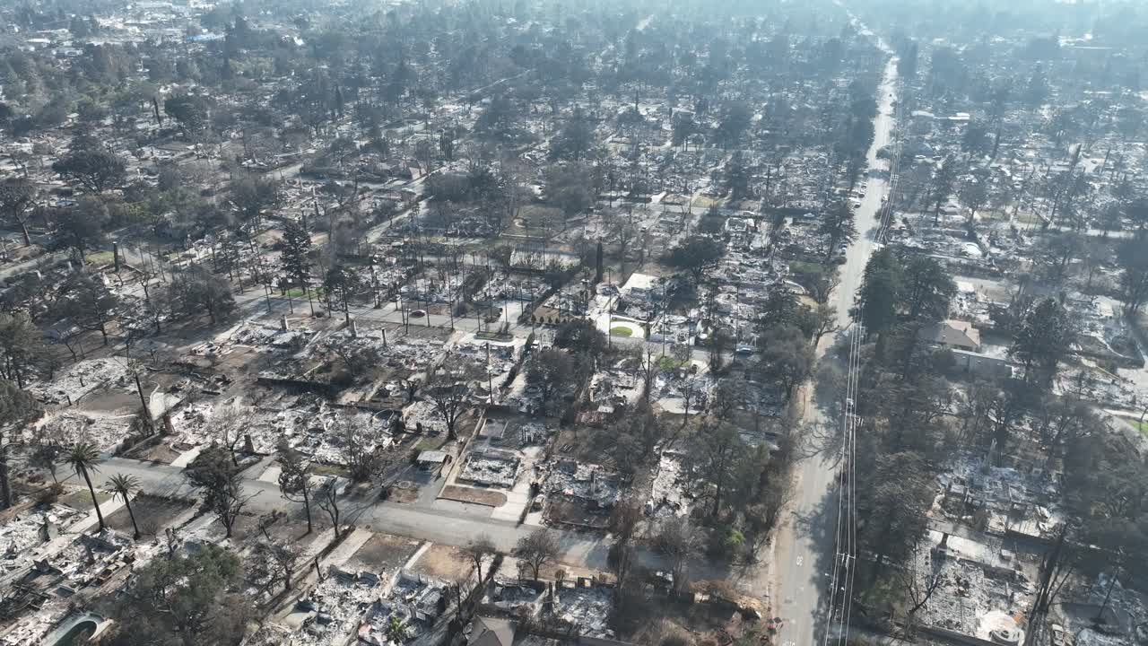 Altadena California Aerial view after Eaton Fire Ravages Town