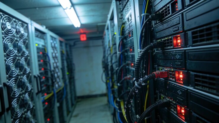 Moving camera showing right rack in server room to inspect cables, pulsing LEDs, drops, copy space