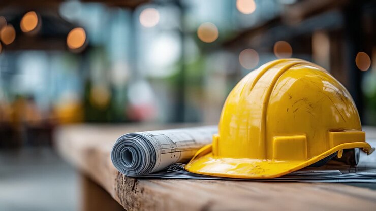A close-up view of a vibrant yellow hard hat resting on blueprints, symbolizing construction and safety in a professional environment designed for project planning and collaboration