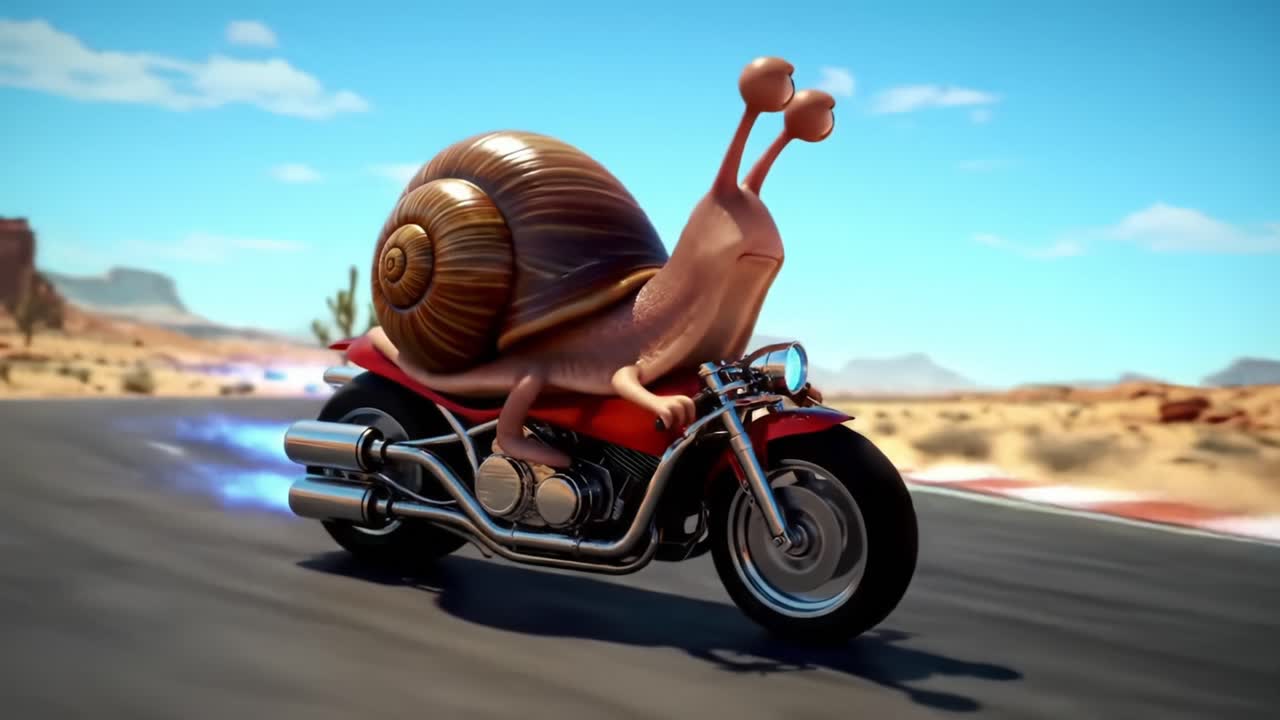 A charming anthropomorphic snail races down a desert highway on a sleek motorcycle, showcasing an adventurous spirit and vibrant animation in a whimsical animated world