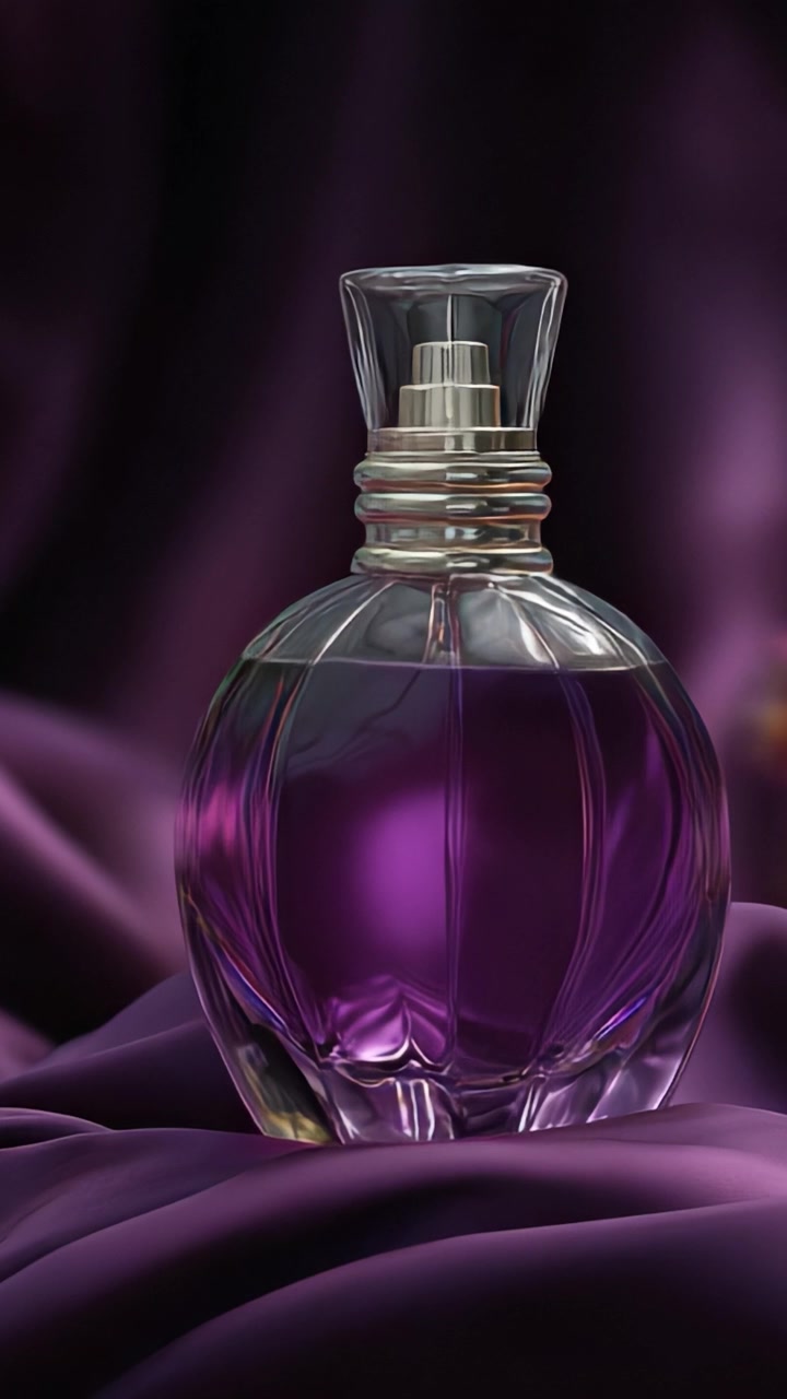 Squisita Bottiglia di Profumo Viola Catturata su uno Sfondo di Tessuto Setoso, che evidenzia Eleganza e Lusso in una Splendida Esposizione Visiva dell'Arte della Profumeria