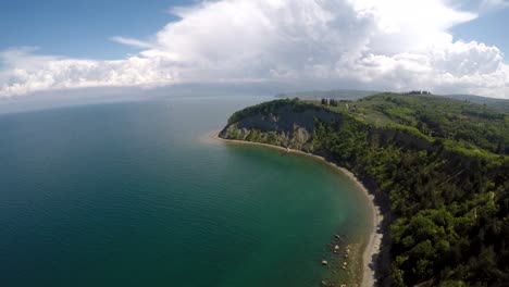 A-drone-shot-of-a-rocky-cliff-with-a-lot-of-trees-around-it-and-a-small-beach-bellow