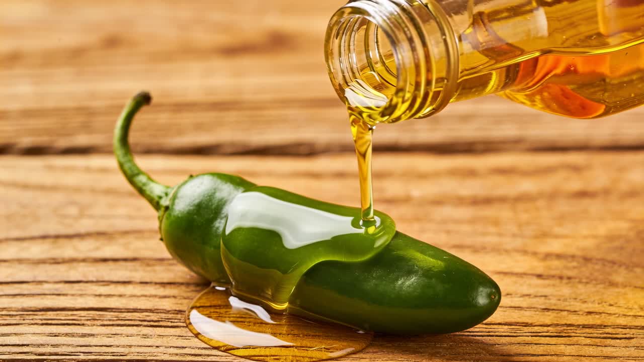 Ponta de garrafa de vidro inicia fluxo de óleo sobre jalapeño verde em tábua de madeira, cobrindo a pimenta.