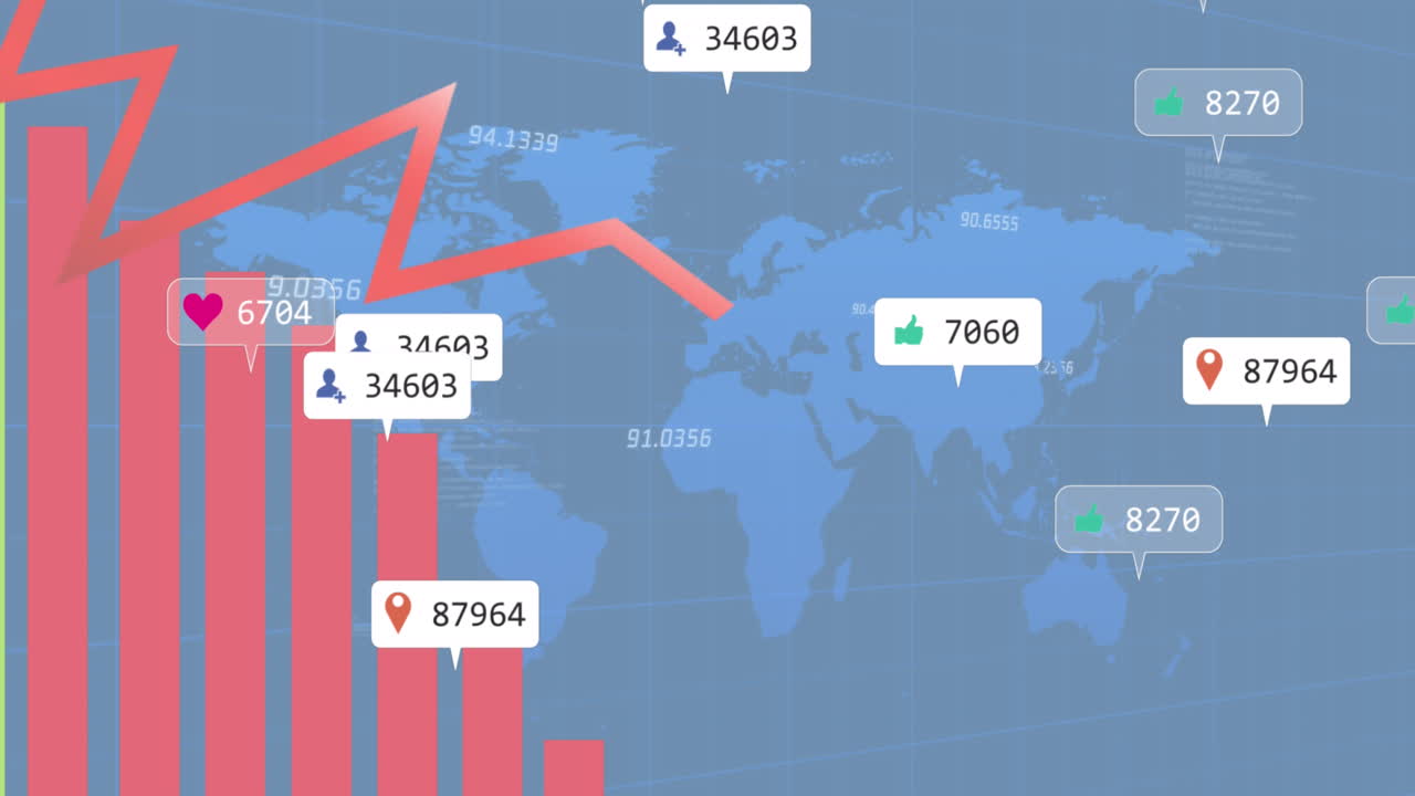 파란색 배경에 지도를 가진 그래프, 알림 바 및 숫자의 애니메이션